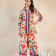 Elegant Beige Floral Shirt Style Top and Bottom Set