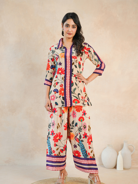 Elegant Beige Floral Shirt Style Top and Bottom Set