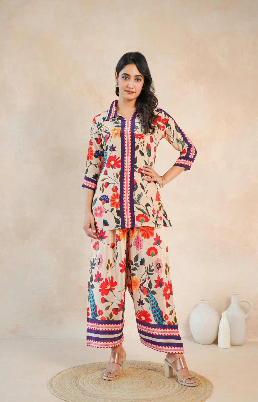 Elegant Beige Floral Shirt Style Top and Bottom Set