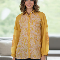 Women Mustard Yellow Printed Shirt with Sheer Sleeves