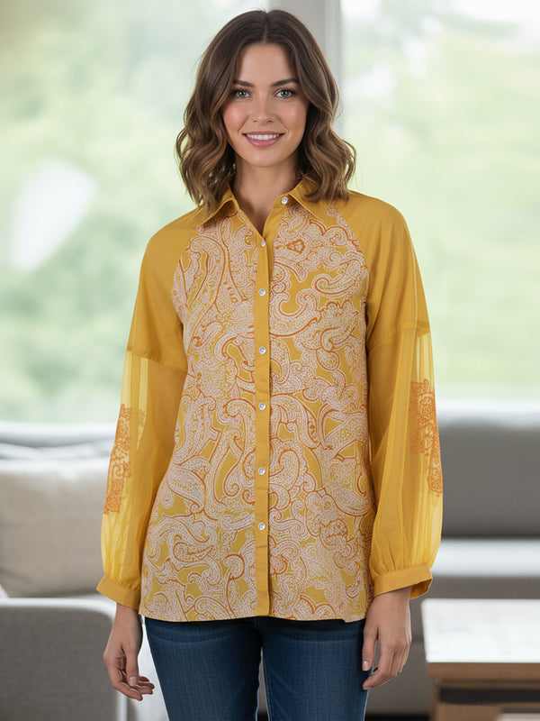Women Mustard Yellow Printed Shirt with Sheer Sleeves