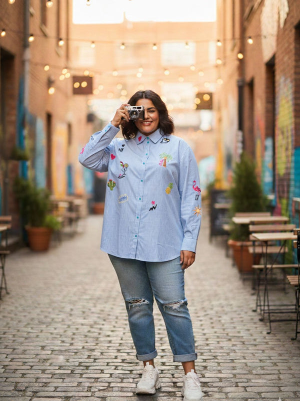 Women Regular Fit Striped Embroidered Shirt