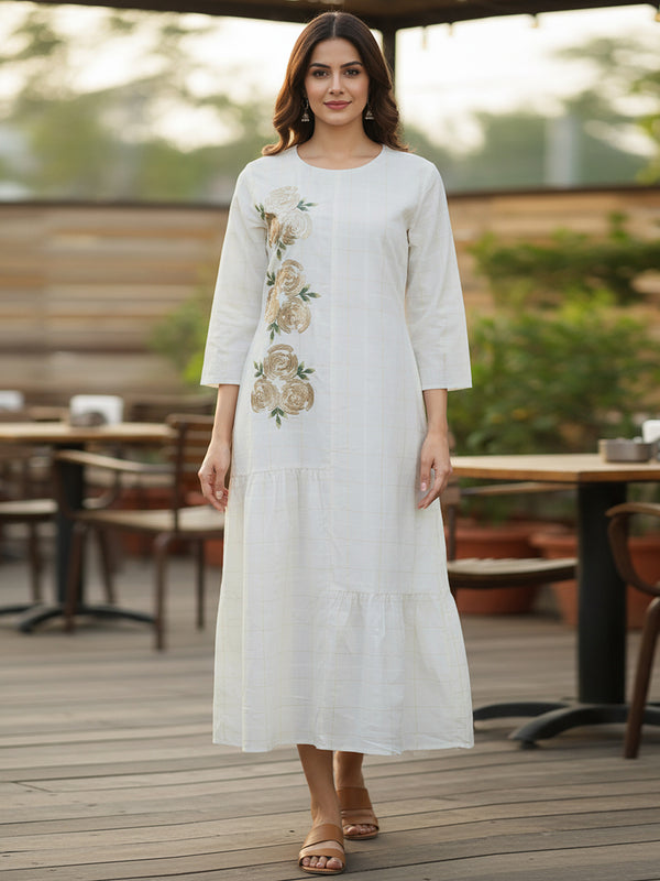 Off-White Embroidered Cotton Midi Dress