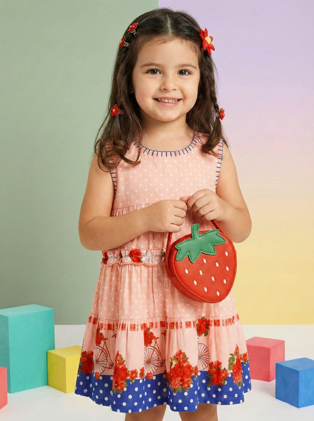 Girls Peach Pink Polka Dot Floral Printed Sleeveless Fit & Flare Dress