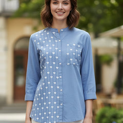Blue Half-Embroidered Casual Cotton Shirt