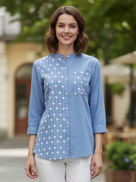 Blue Half-Embroidered Casual Cotton Shirt