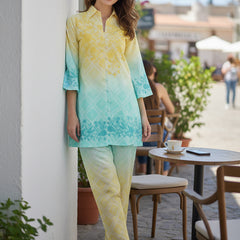 Summer Yellow Blue Cotton Embroidered Co-ord Set