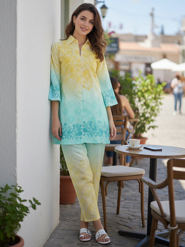 Summer Yellow Blue Cotton Embroidered Co-ord Set