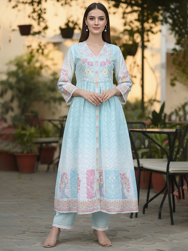 Light Blue Floral Embroidered Anarkali Suit Set