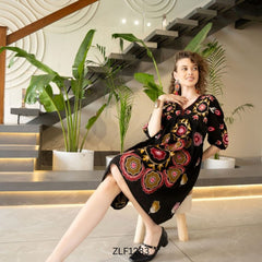 Chic Black Embroidered Cotton Midi Dress with V-Neck & Elbow Sleeves