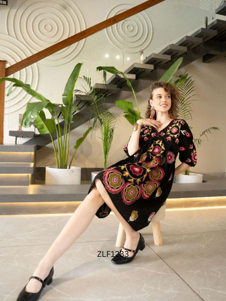 Chic Black Embroidered Cotton Midi Dress with V-Neck & Elbow Sleeves