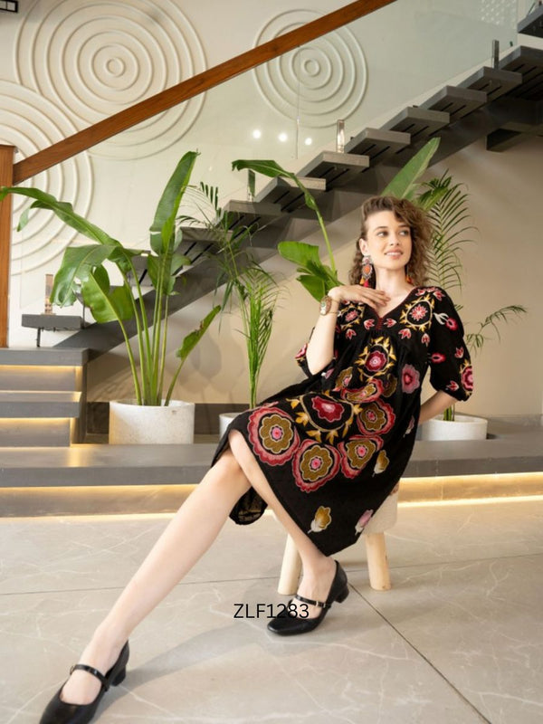 Chic Black Embroidered Cotton Midi Dress with V-Neck & Elbow Sleeves