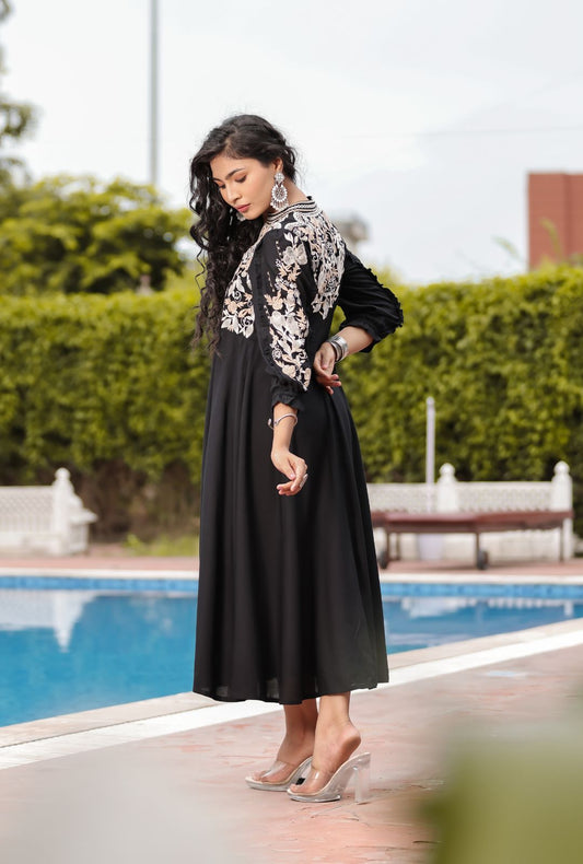 Designer Black Calf Length Midi Dress