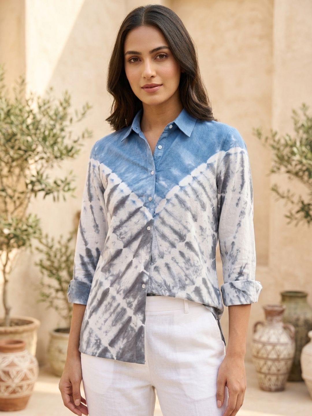 Blue Ombre Tie-Dye Cotton Shirt in Geometric Design
