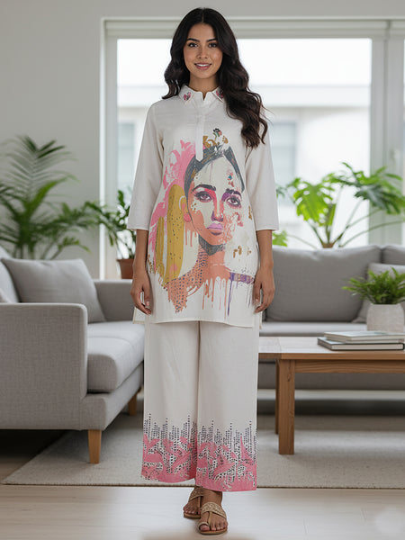 Whispering Beauty Cotton Printed White Co-ord Set