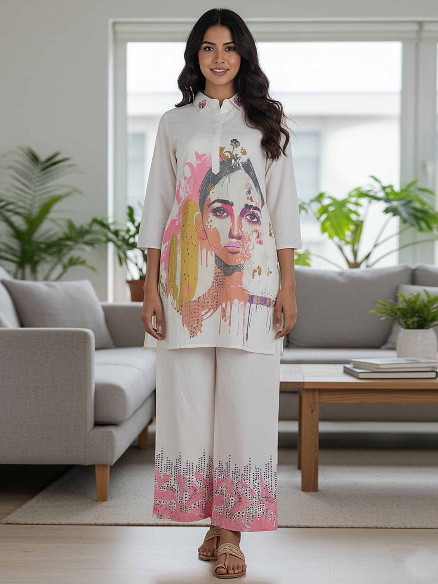 Whispering Beauty Cotton Printed White Co-ord Set