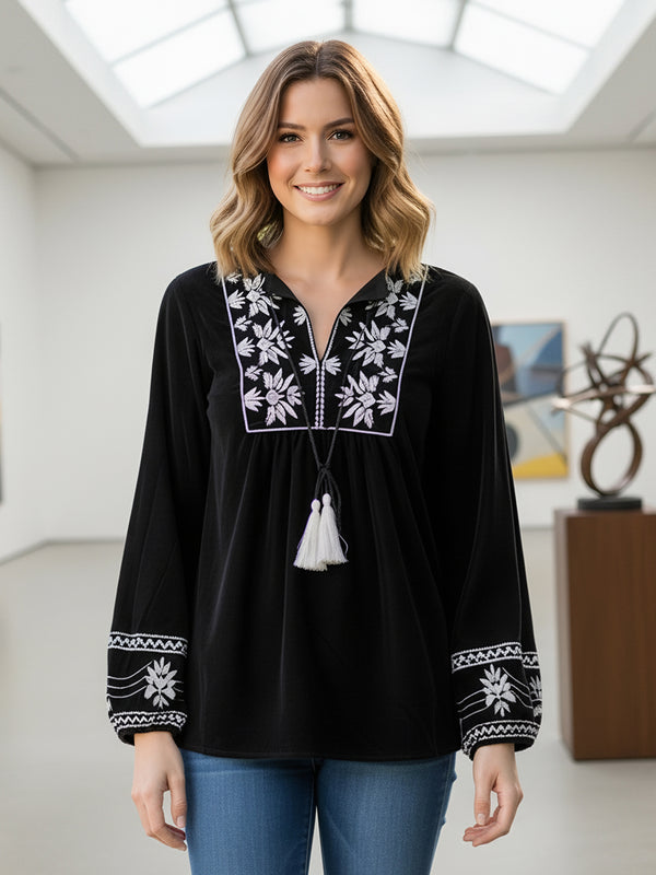 Designer Black Top with White Embroidery