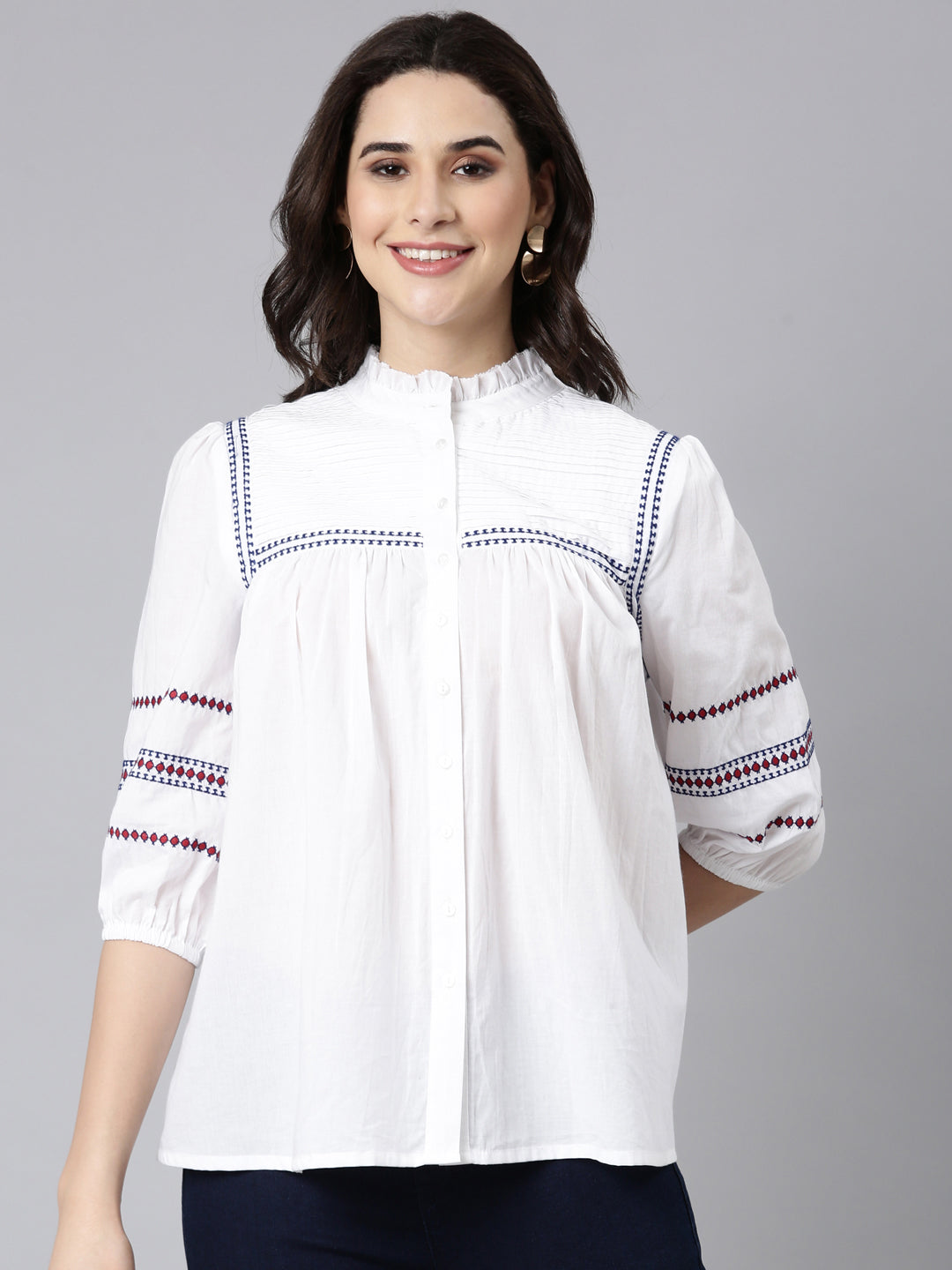 Casual Cotton White Embroidered Top