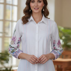 Women’s Casual White Shirt Top with Multicolor Embroidery