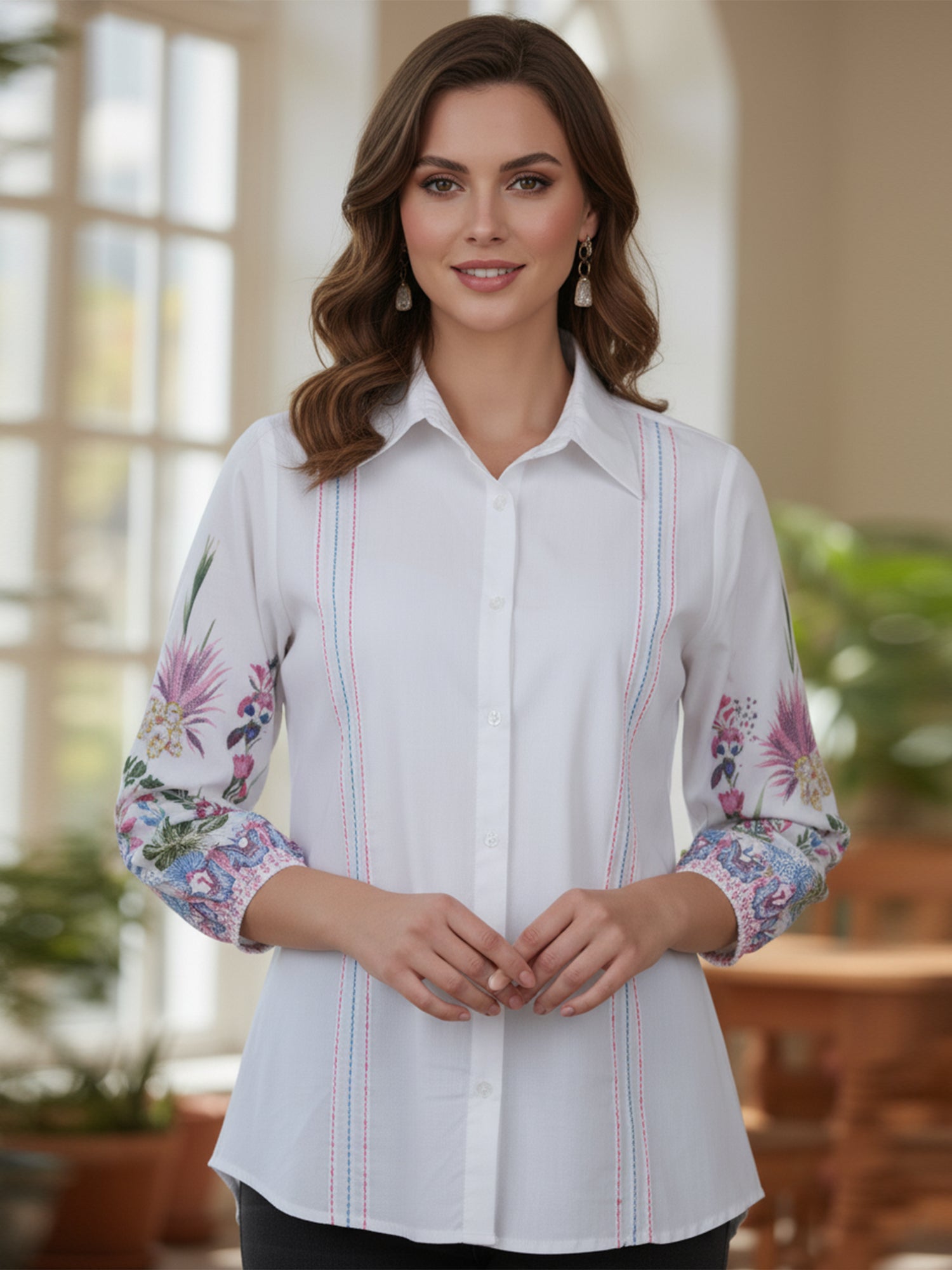 Women’s Casual White Shirt Top with Multicolor Embroidery