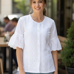 Women’s White Cotton Embroidered Shirt with Round Neck