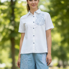 White Button-Down Top With Blue Embroidered Shorts