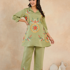 Olive Green Co-Ord: Detailed Central Embroidered Tunic and Wide Pants