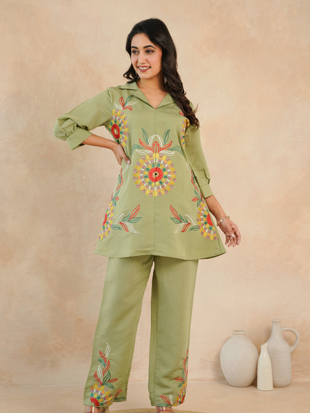 Olive Green Co-Ord: Detailed Central Embroidered Tunic and Wide Pants