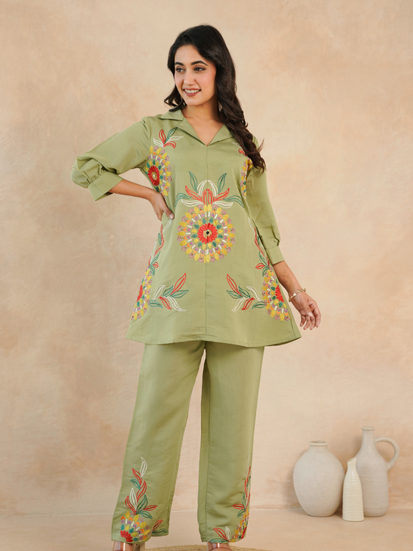 Olive Green Co-Ord: Detailed Central Embroidered Tunic and Wide Pants