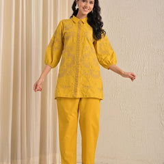 Elegant Mustard Printed Kurta With Matching Pants