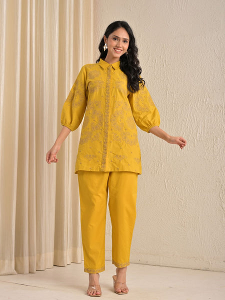 Elegant Mustard Printed Kurta With Matching Pants