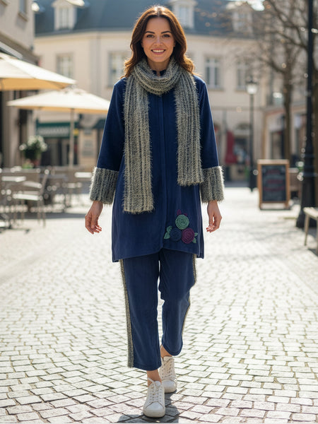 Elegant Blue Woolen Embroidered Co-ord Set with Muffler