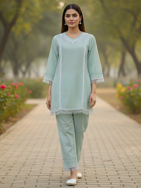 Graceful Bloom Mint Cotton Kurta and Pant Set