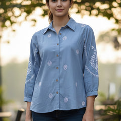 Sky Blue Handcrafted Embroidered Cotton Shirt with Statement Sleeves