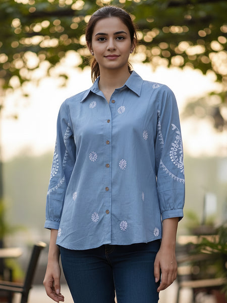 Sky Blue Handcrafted Embroidered Cotton Shirt with Statement Sleeves
