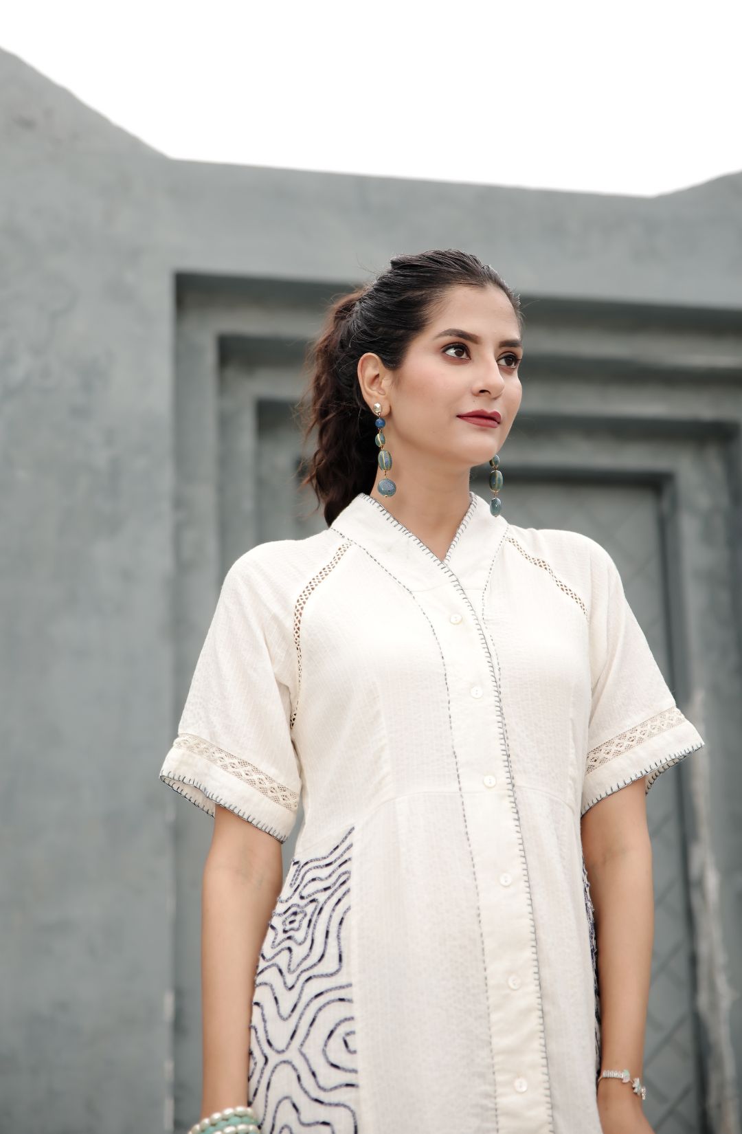 Cotton Linen Off-white Midi Dress