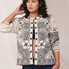 Black Embroidered Off White Cotton Jacket