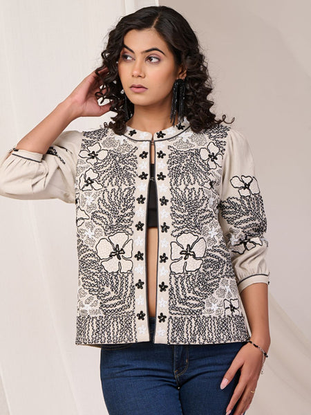 Black Embroidered Off White Cotton Jacket