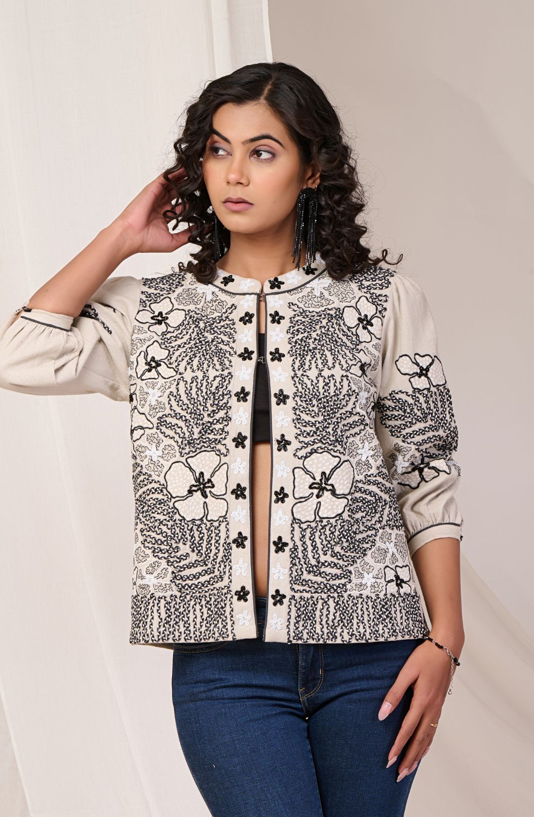 Black Embroidered Off White Cotton Jacket