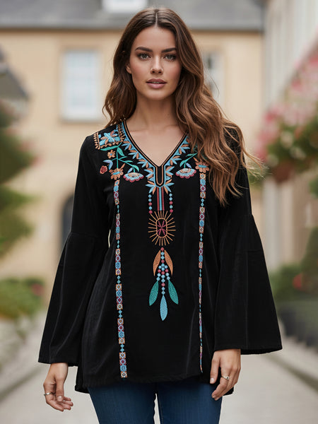 Black Embroidered Flare Sleeve Top