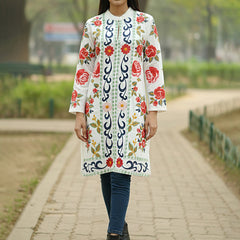 White Pink Embroidered Full Sleeves Long Jacket