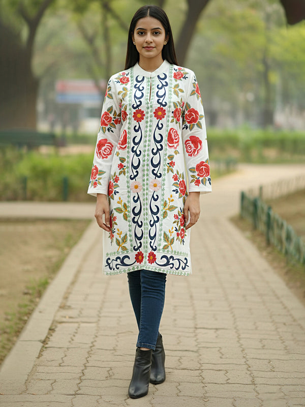 White Pink Embroidered Full Sleeves Long Jacket