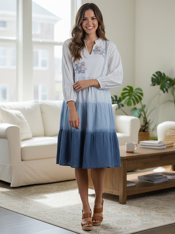 Ocean Haze Ombre Blue Embroidered Fit & Flare Dress