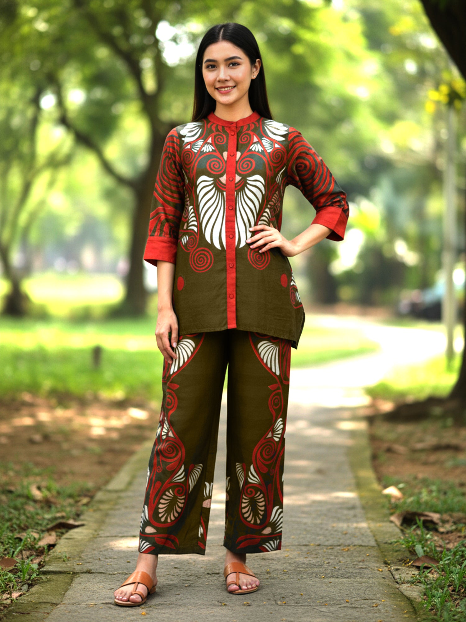 Printed Red Rayon Co-Ord Set