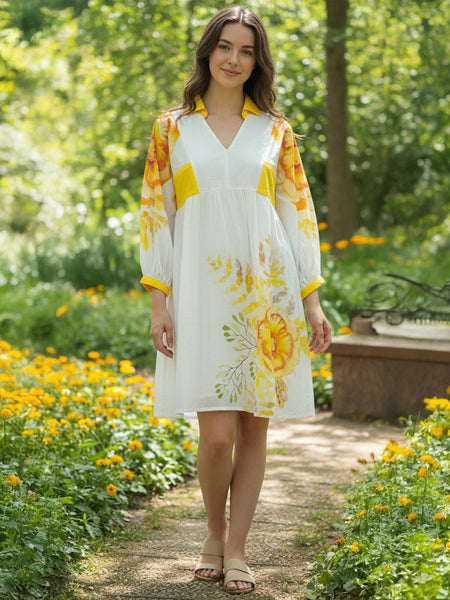 White & Yellow Floral Midi Dress