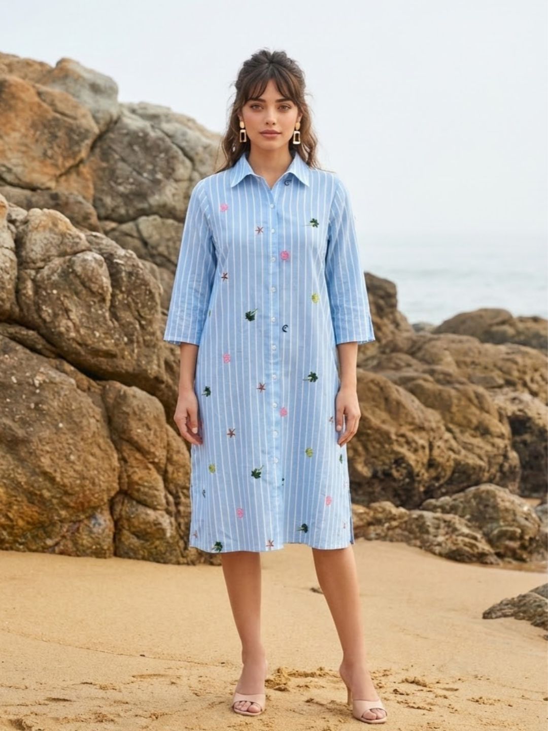 Elegant Sky Blue Embroidered Stripe Shirt Dress for Women