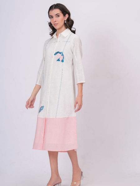 Pink Linen Embroidered Shirt Dress