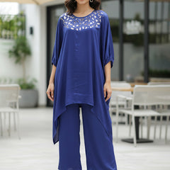 Blue Satin Sequin Work Kaftan Co-ord Set