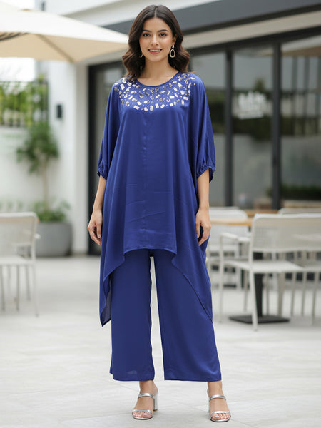 Blue Satin Sequin Work Kaftan Co-ord Set