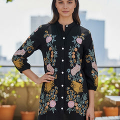 Black Cotton Embroidered Mini Dress